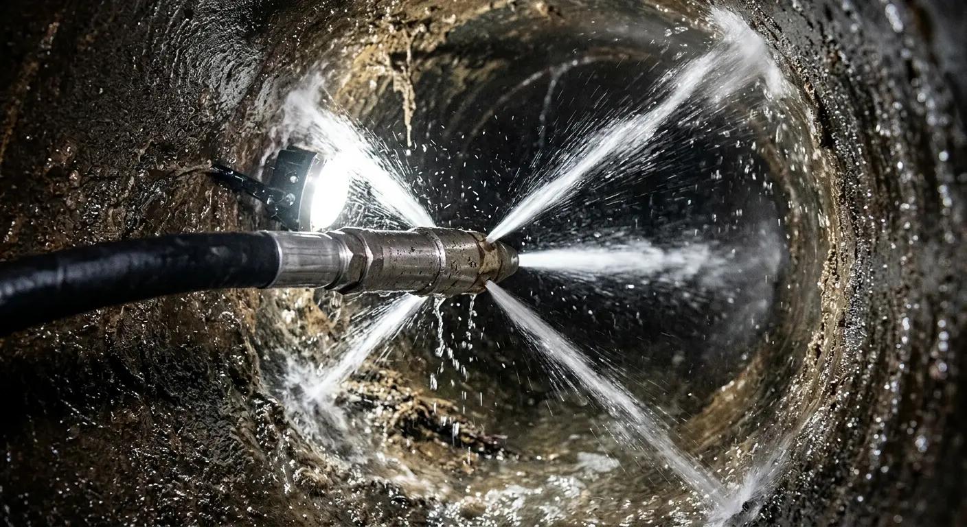 High-pressure hydro jetting nozzle cleaning sewer pipe for Trenchless Sewer Repair in Placentia