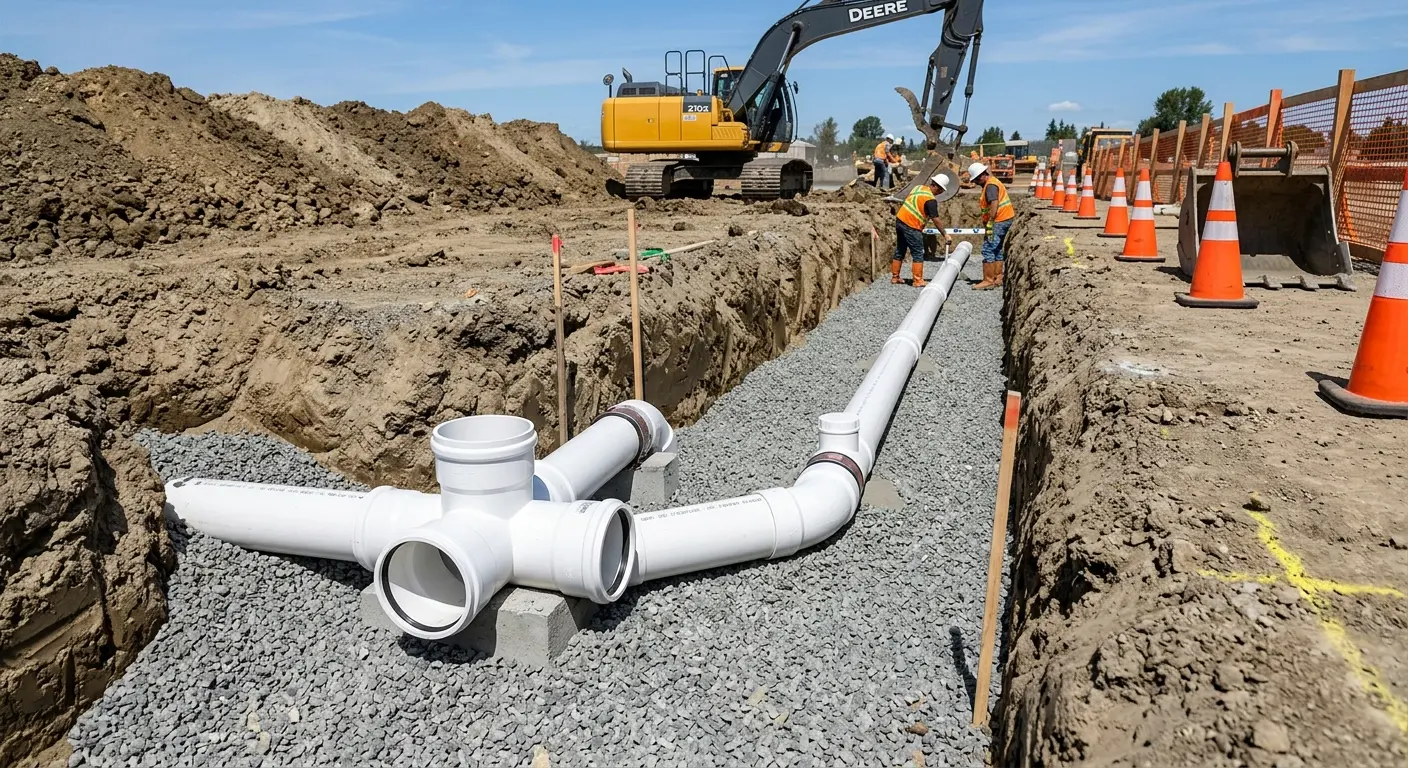 New PVC sewer pipe installation in open trench for Grease Trap Cleaning in Placentia