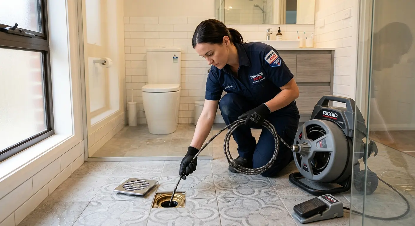 Technician clearing a bathroom floor drain for Sewer Line Installation in Placentia
